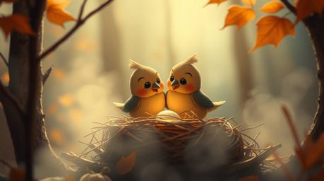 Immerse yourself in a cozy and earthy aesthetic with volumetric lighting and warm autumn colors. Two cartoon birds, rendered