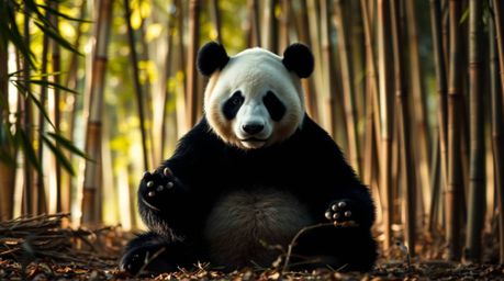 A captivating image of a meditating martial artist panda in a bamboo forest, captured with long exposure photography.  The ci