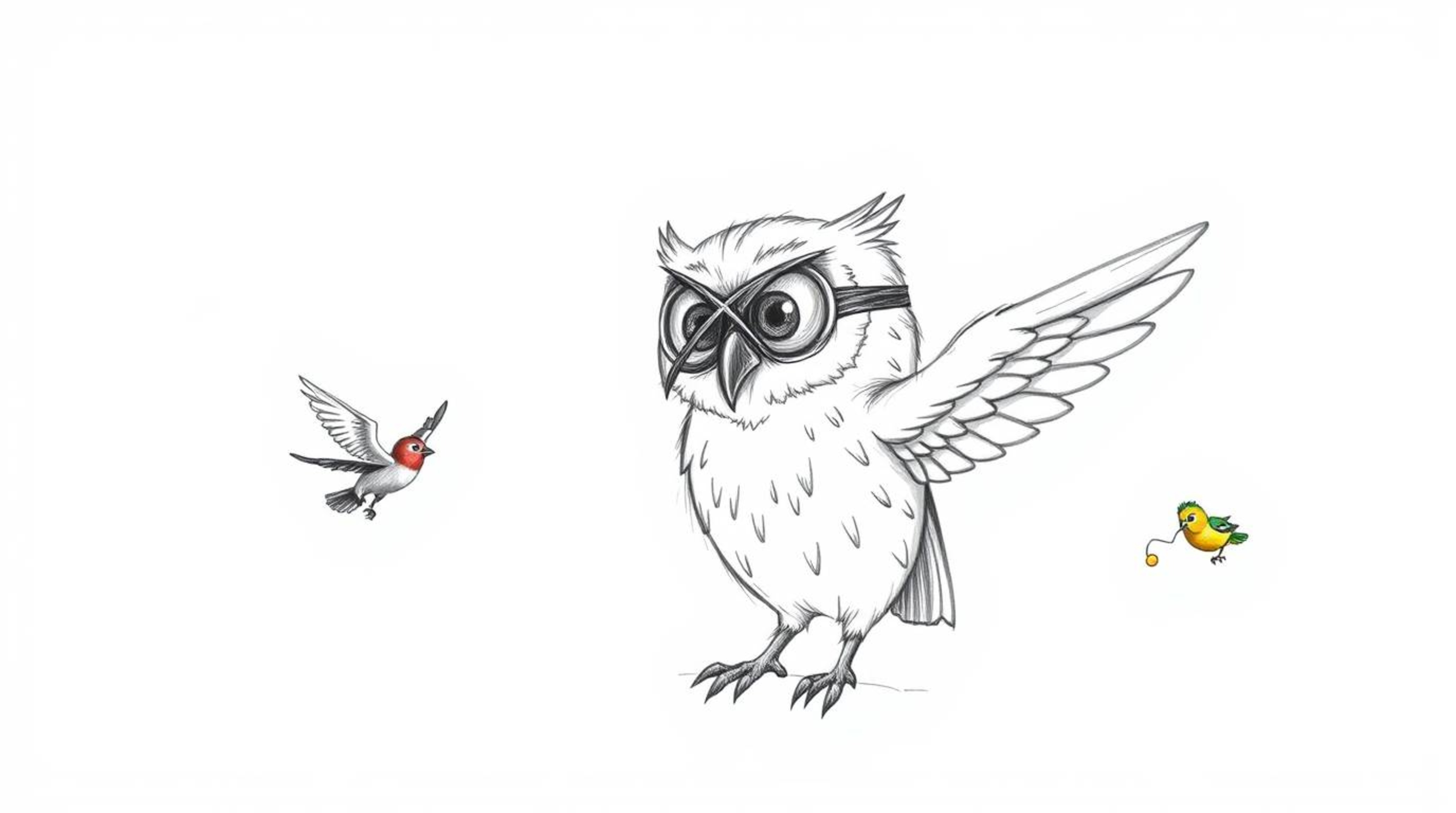 A heartwarming hand-drawn sketch in the style of Pixar depicts a wise, blind owl with soft feathers and expressive eyes teach