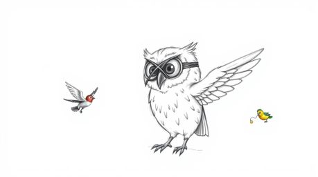 A heartwarming hand-drawn sketch in the style of Pixar depicts a wise, blind owl with soft feathers and expressive eyes teach