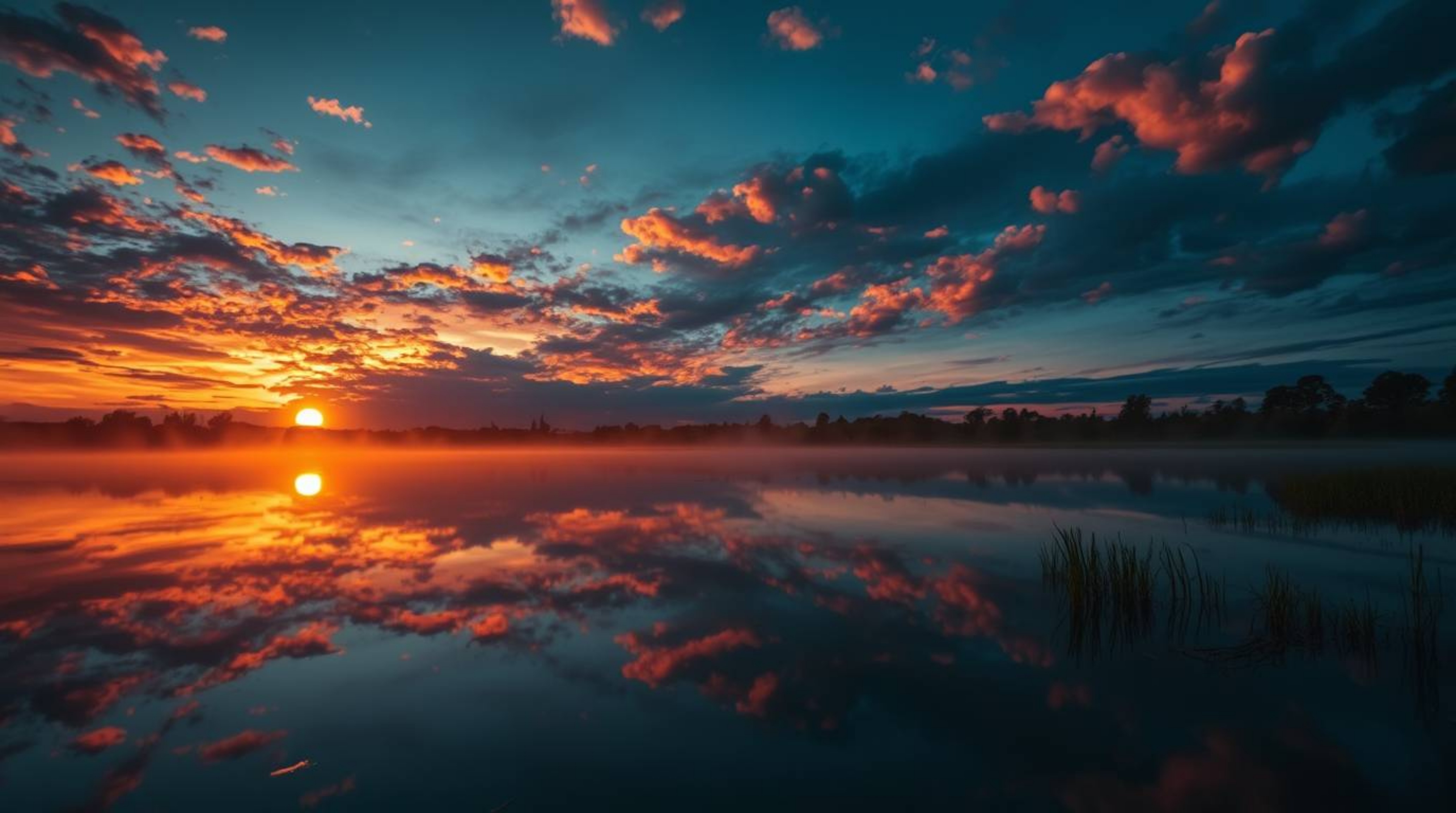 Experience the tranquility of a calm pond reflecting a breathtaking sunset in this dramatic, cinematic scene. The electric, v