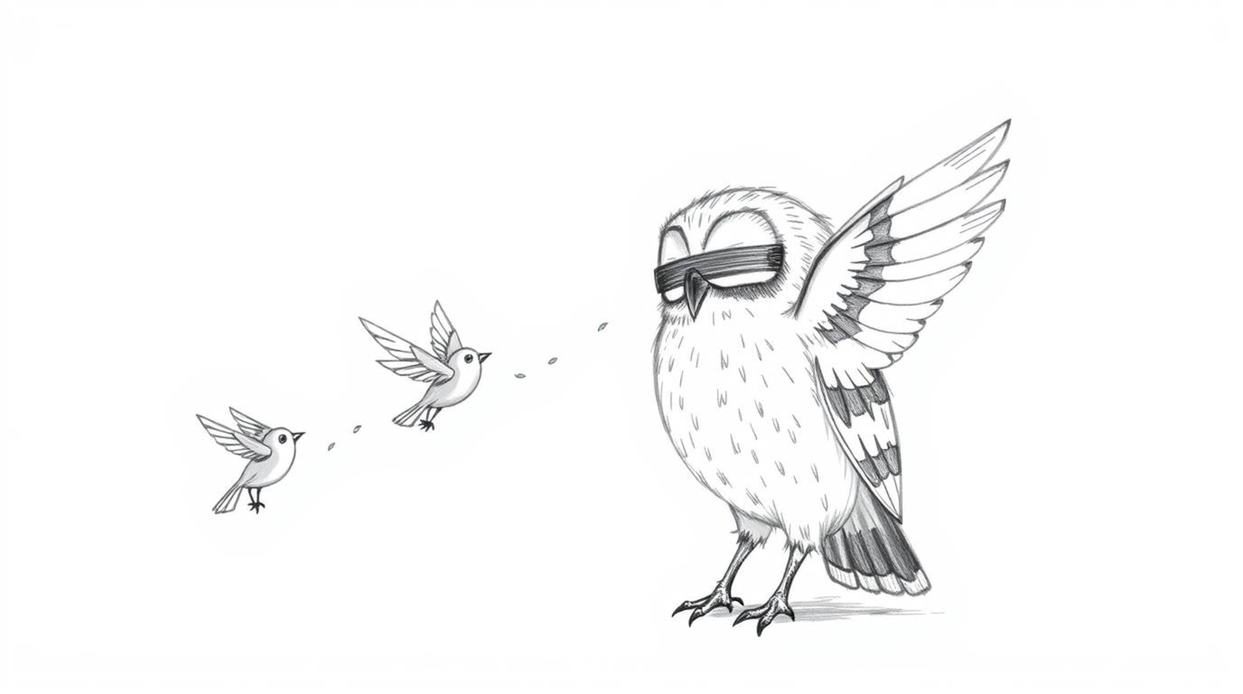 A charming hand-drawn sketch in Pixar style depicts a blind owl with subtly textured feathers, gracefully teaching small bird