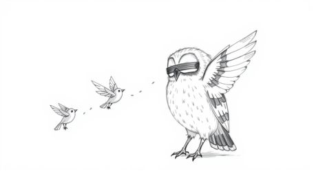 A charming hand-drawn sketch in Pixar style depicts a blind owl with subtly textured feathers, gracefully teaching small bird
