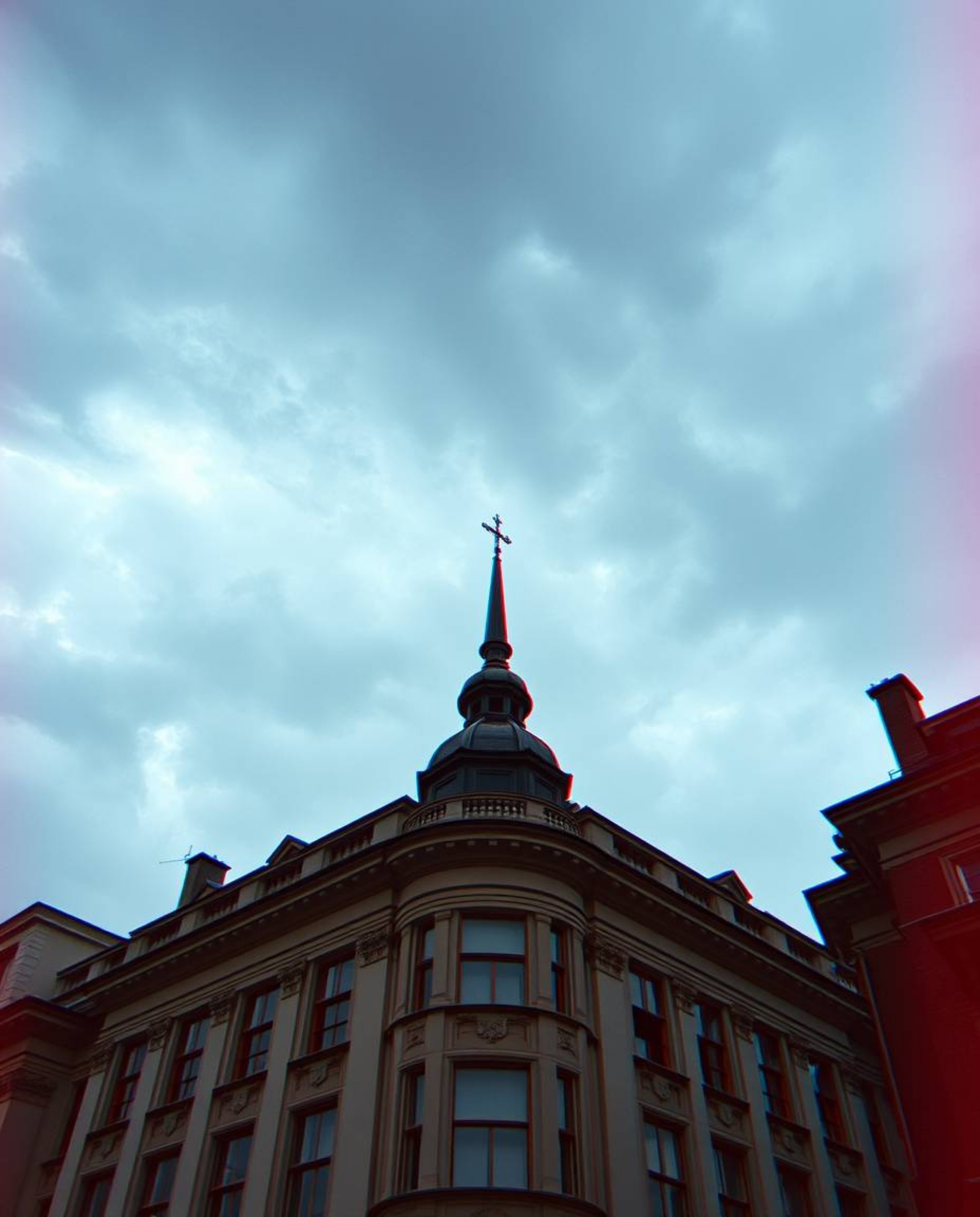 This architectural color photograph captures a scene of intense drama, highlighted by a retro-style TV screen glitch with sta