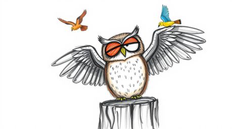 A whimsical hand-drawn sketch in the style of Pixar depicts a blind owl with expressive eyes perched on a tree stump. His win