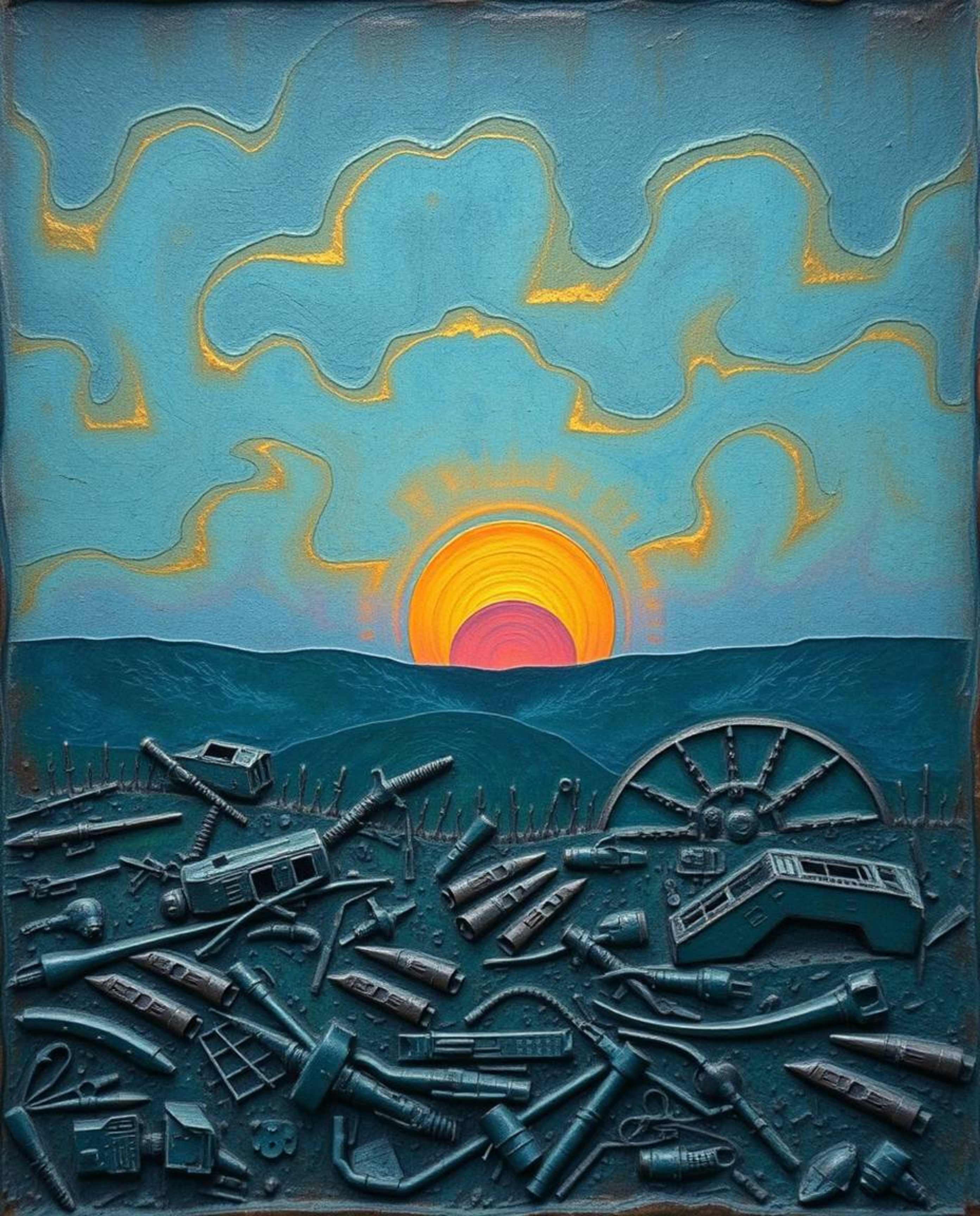 A captivating abstract artwork depicting a sunrise over a war-torn landscape. Rendered in a cool color palette of blues, gree