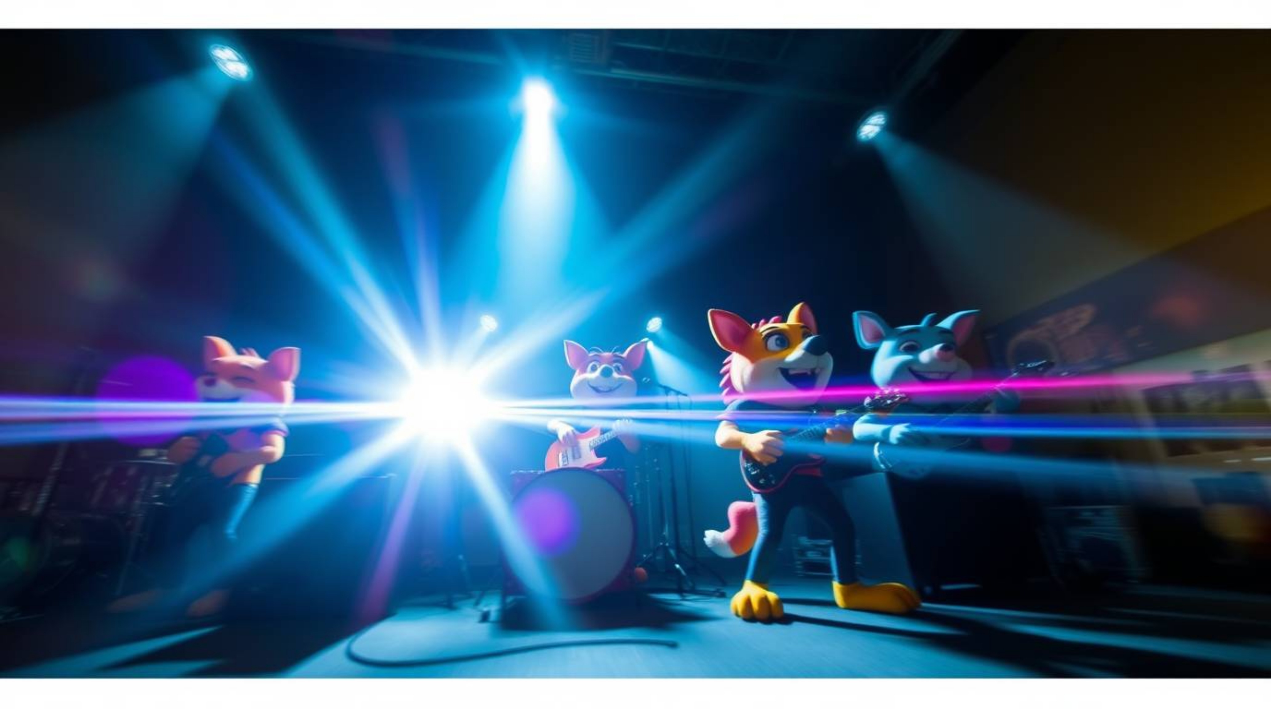 A captivating long-exposure photograph showcases a vibrant cartoon animal rock band in dynamic action.  The image features br