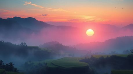 A captivating digital painting depicts a mystical sunset over breathtaking mountainous rice terraces.  The dreamlike scene is