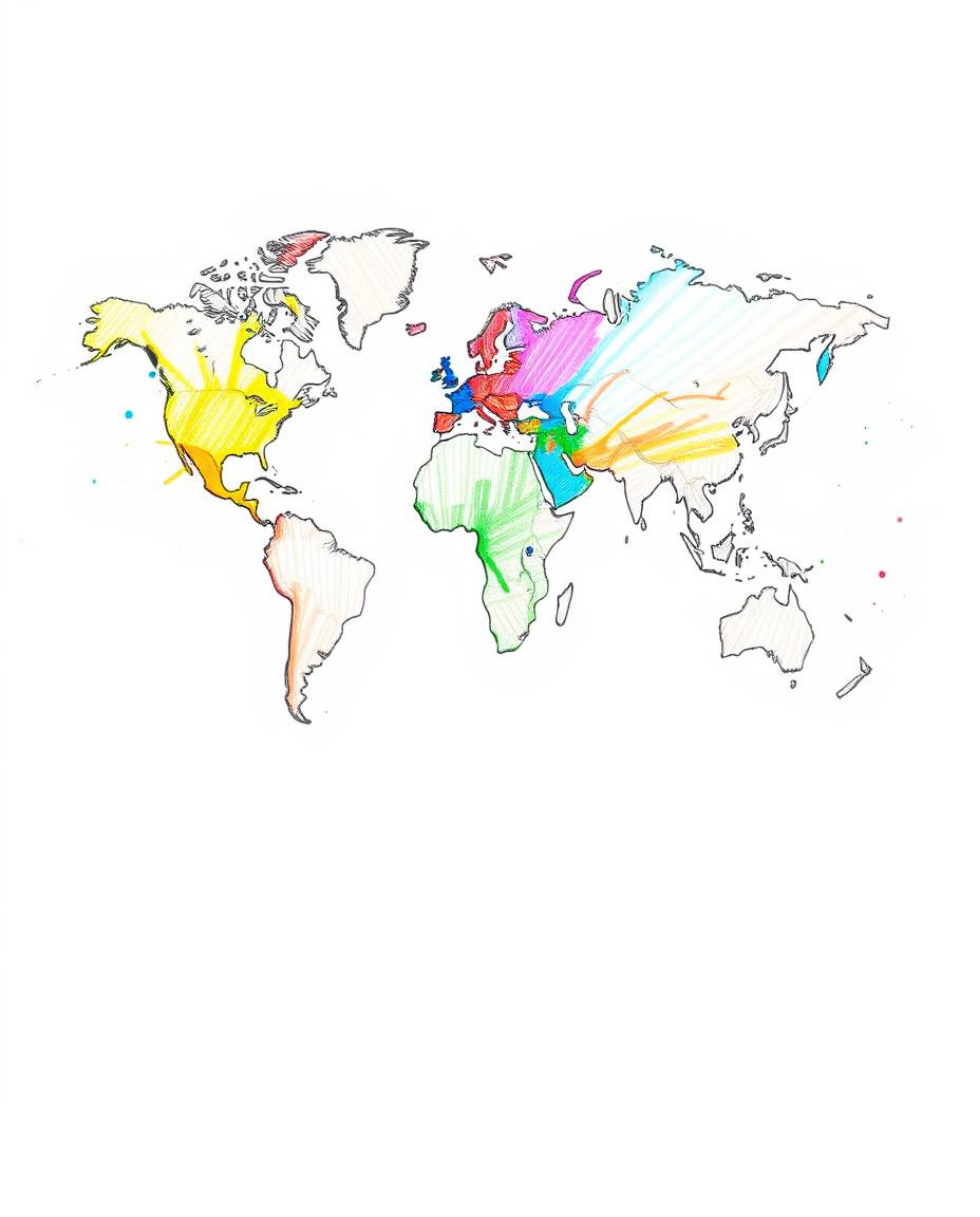 Explore a captivating hand-drawn sketch featuring a world map composed of bright, colorful splashes and a blurred bokeh effec
