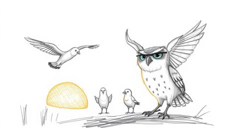 A heartwarming hand-drawn illustration in the style of Pixar depicts a blind owl with gentle features teaching a class of bir