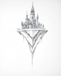 Explore a hand-drawn sketch of a surreal floating island, featuring strange and captivating architecture.  The artwork showca