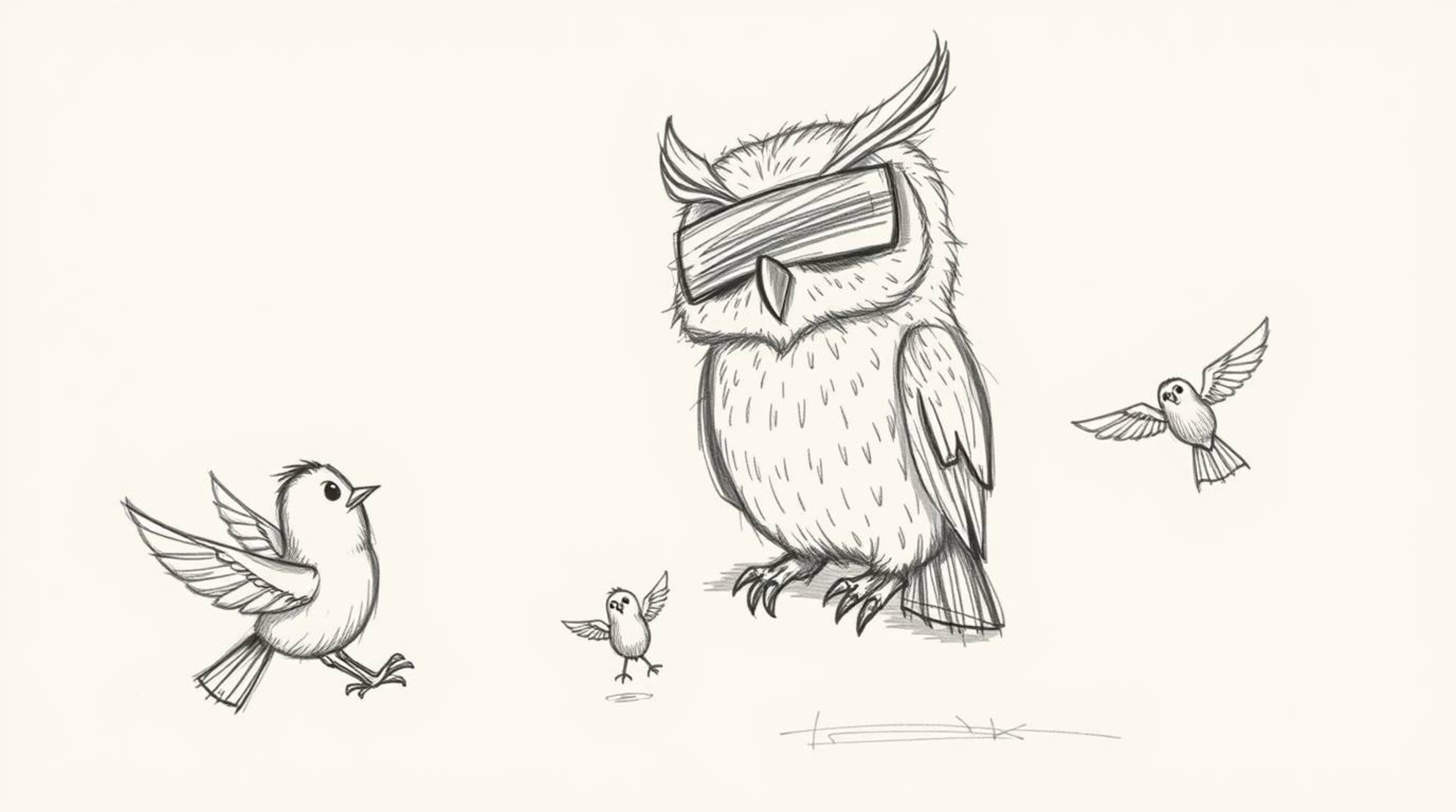 A heartwarming hand-drawn Pixar-style sketch depicts a gentle, blind owl with feathery texture guiding small birds in their f