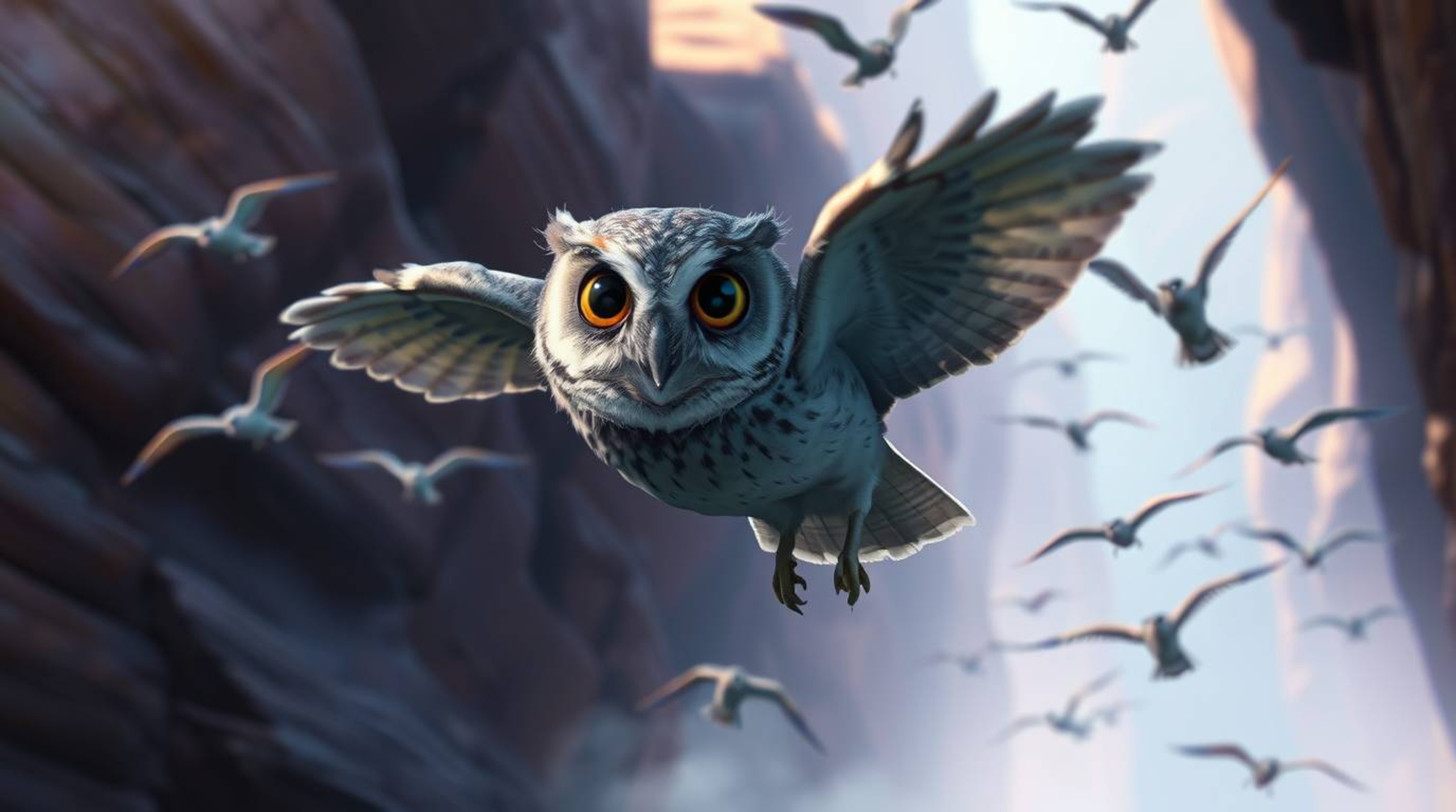 This cinematic digital painting, created in the beloved style of Pixar, showcases a blind owl with gentle and wise features s