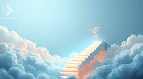 An intricate origami-style illustration depicting a winding smoke and light stairway ascending into a vast, cloudy sky. This 