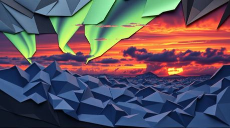 Experience the dramatic fusion of origami art and nature's splendor with a depiction of the Northern Lights emerging above a 