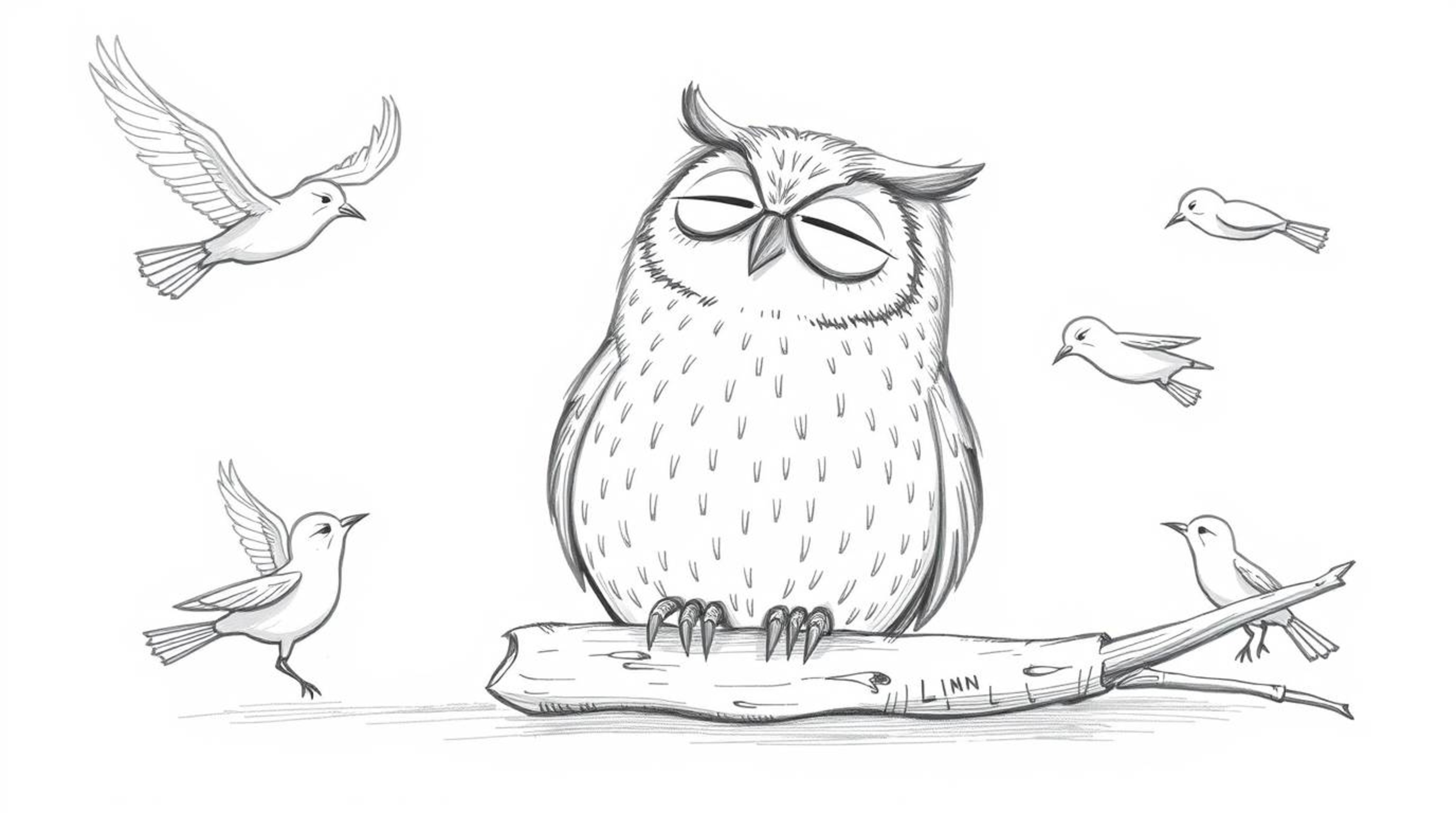 A heartwarming hand-drawn sketch in the style of Pixar depicts a blind owl resting peacefully against a clean white backdrop.