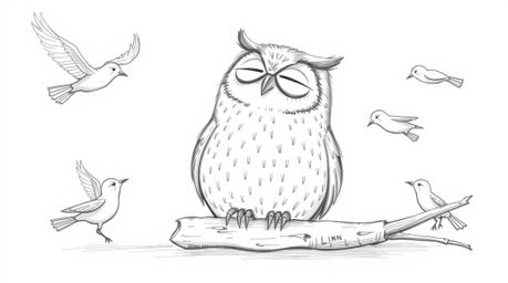 A heartwarming hand-drawn sketch in the style of Pixar depicts a blind owl resting peacefully against a clean white backdrop.
