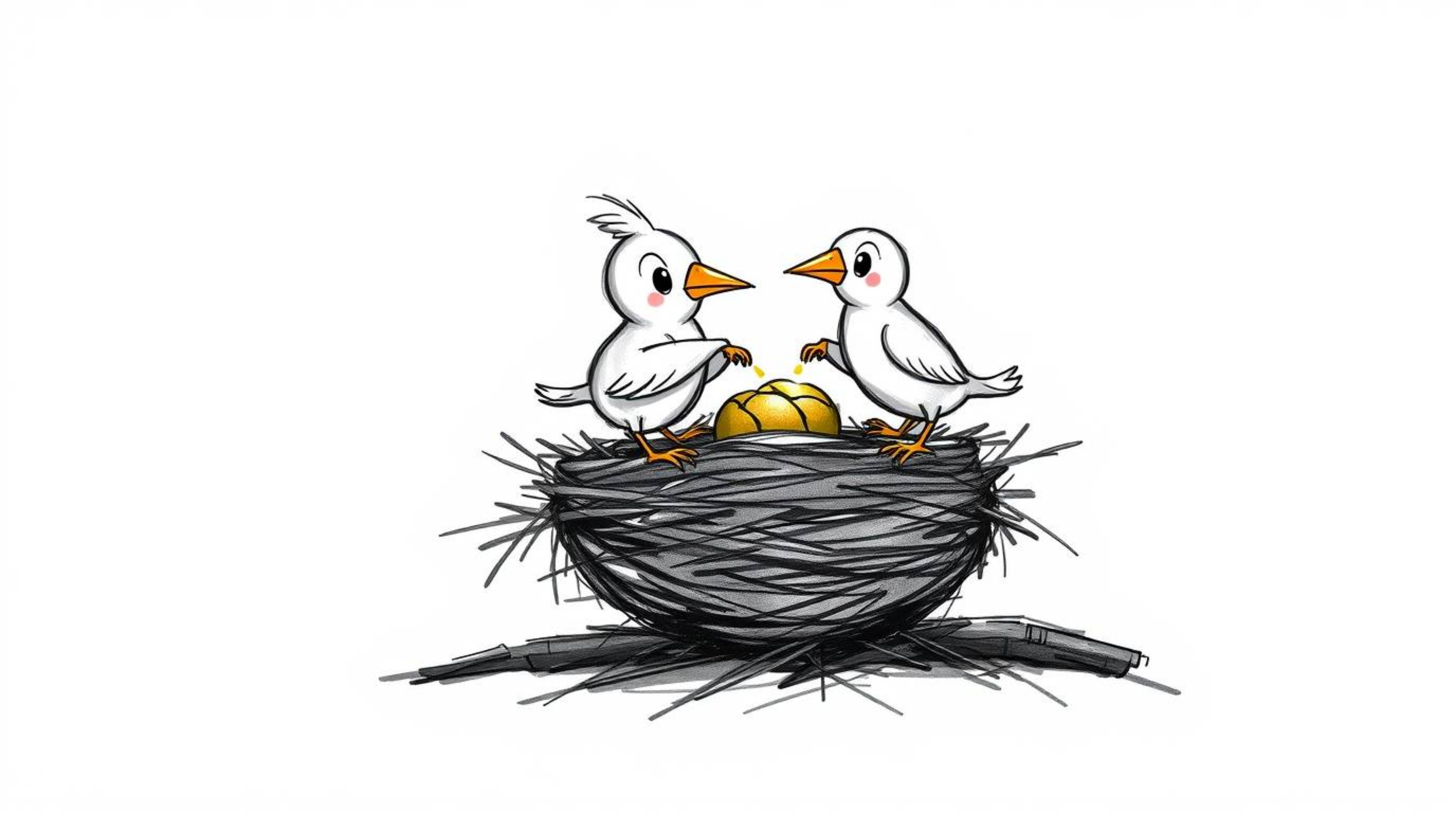 This captivating artwork depicts two cartoon birds diligently building their nest in a classic animation style. The high con