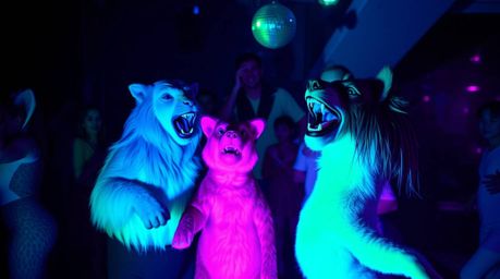 Experience a vibrant and energetic animal dance party bathed in cool, contrasting chiaroscuro lighting and pulsating disco li
