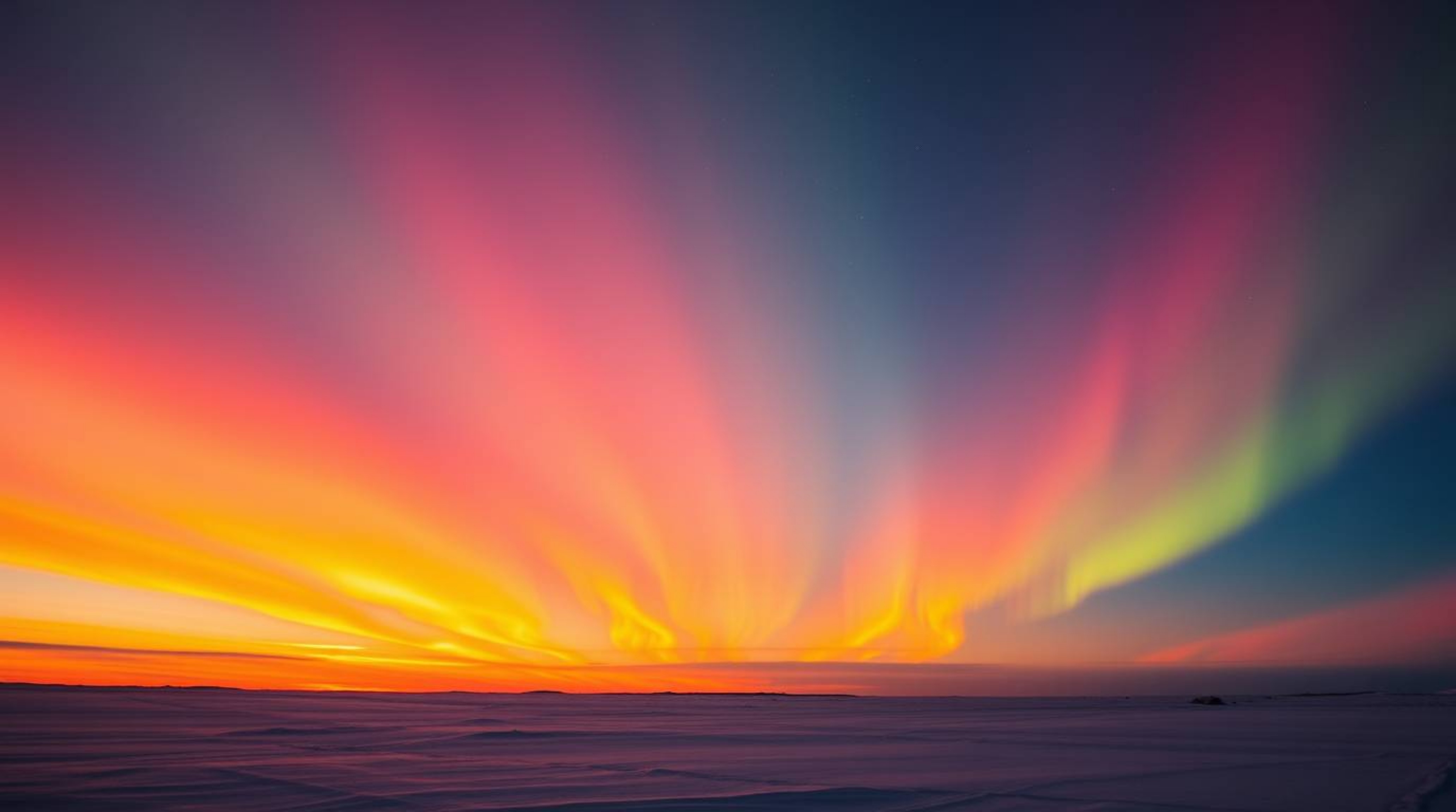 Experience the breathtaking beauty of the Northern Lights dancing across a vibrant sunset sky. The scene is illuminated by wa