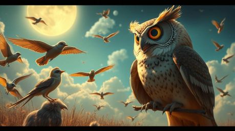 A surreal and dreamlike image featuring a Pixar-esque blind owl in a fantastical world, dedicated to teaching birds how to fl