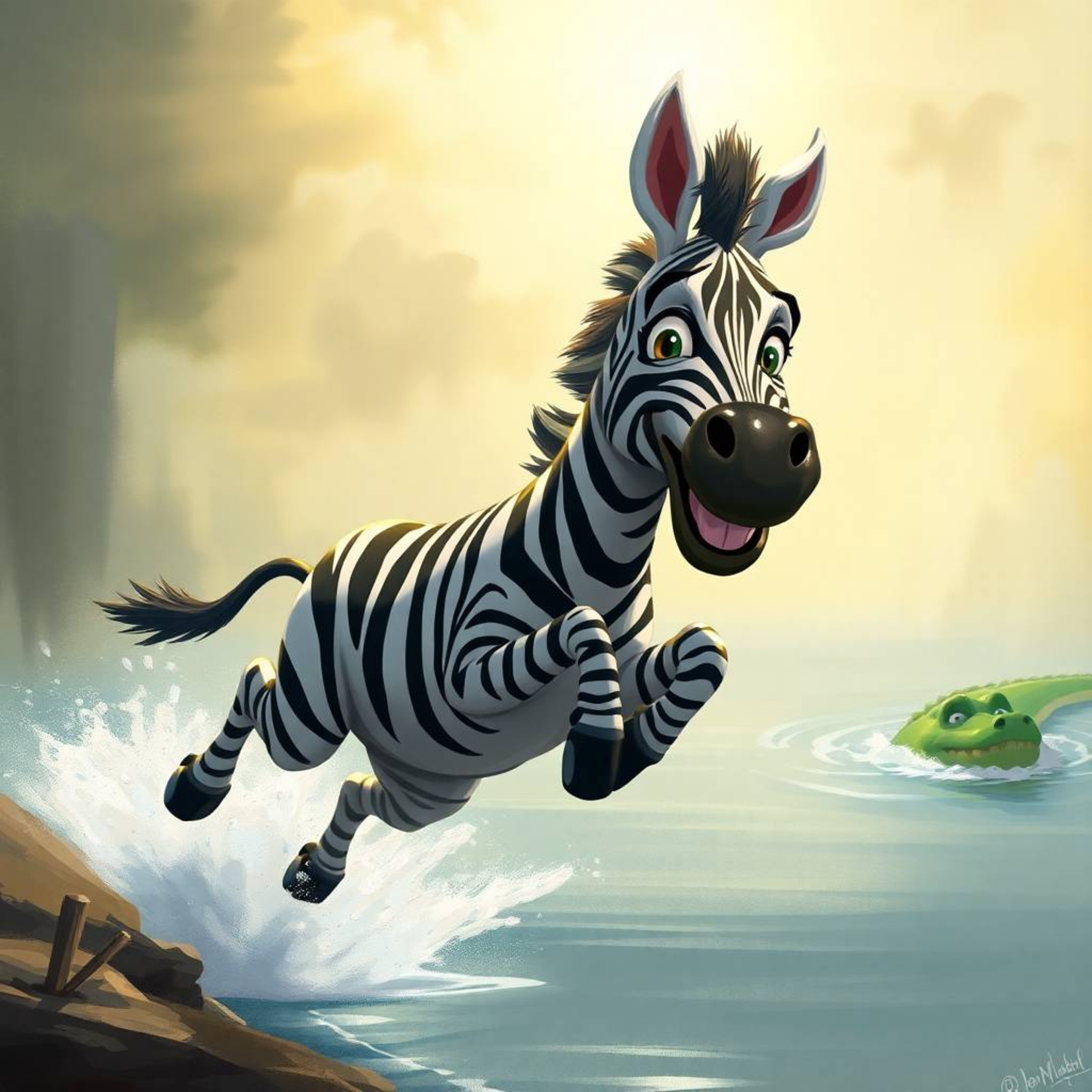 A dynamic digital sketch brings to life a 3D cartoon zebra jumping near a riverbank, with a startled expression as a crocodil