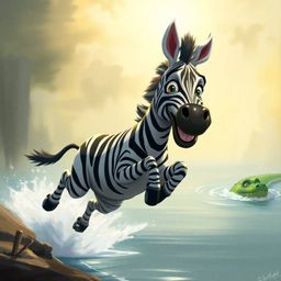 A dynamic digital sketch brings to life a 3D cartoon zebra jumping near a riverbank, with a startled expression as a crocodil