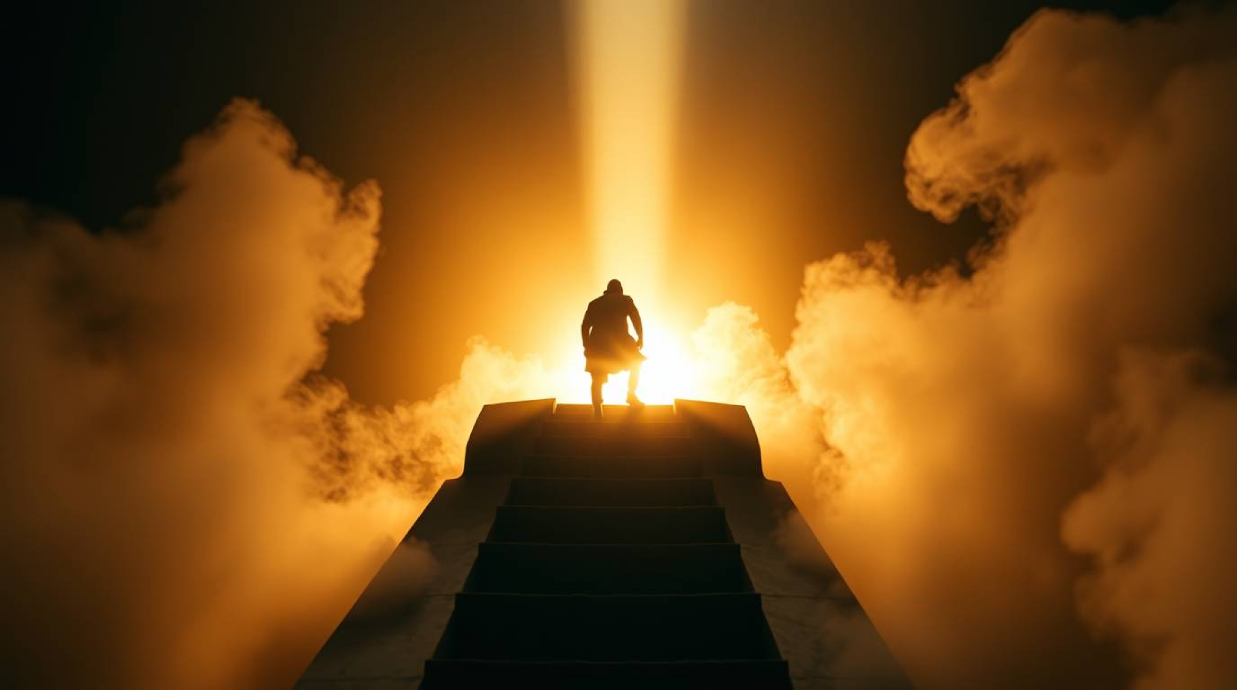 A lone figure ascends a stone staircase bathed in a divine light beam, surrounded by thick smoke and the vibrant hues of a se