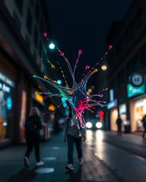 Explore the dynamic energy of urban life through candid street photography, featuring a frozen moment of creative light art. 