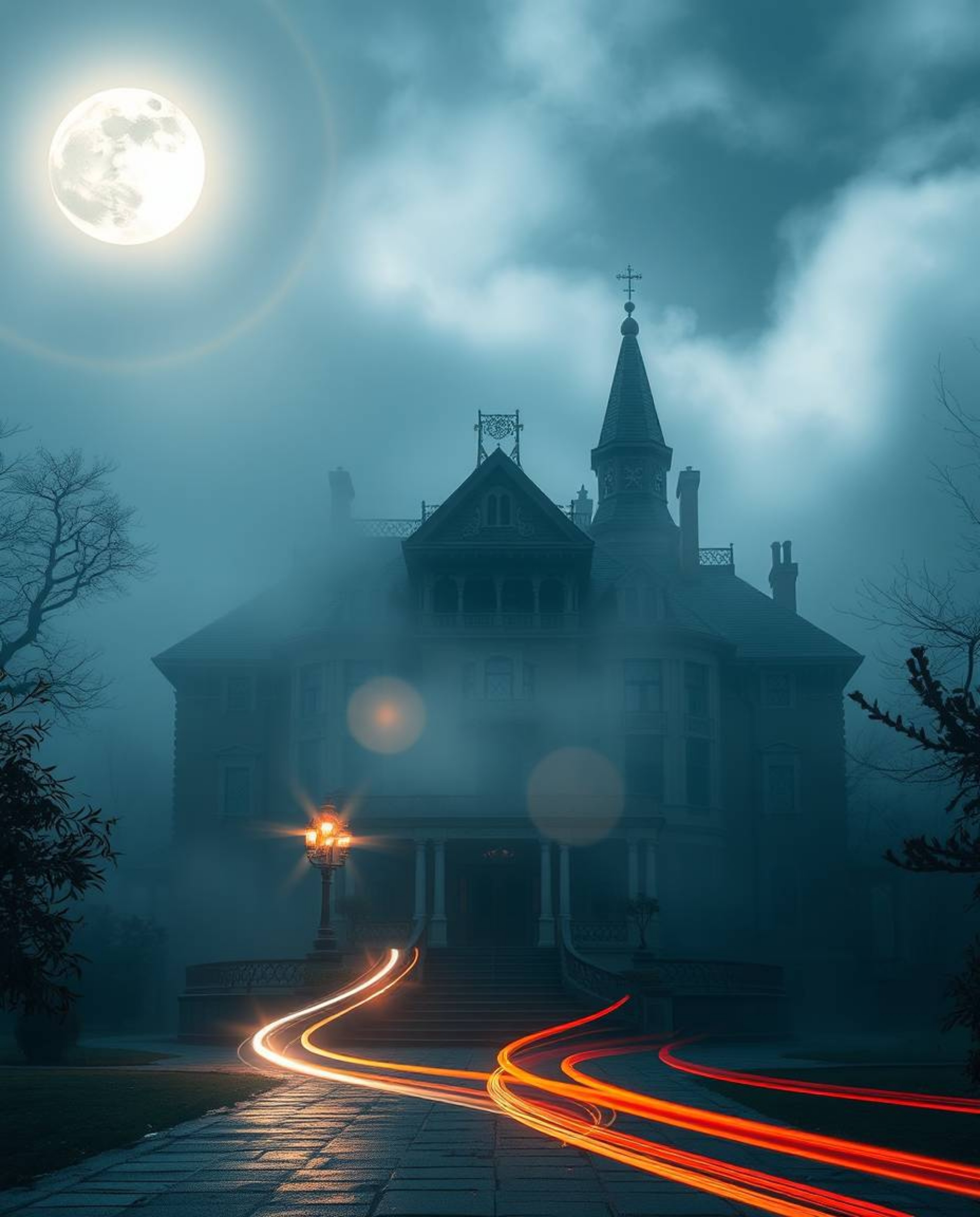Experience a grand and epic scene featuring a fog-covered Victorian mansion bathed in the soft glow of moonlight. This massiv