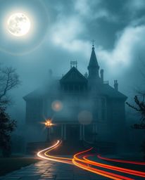 Experience a grand and epic scene featuring a fog-covered Victorian mansion bathed in the soft glow of moonlight. This massiv
