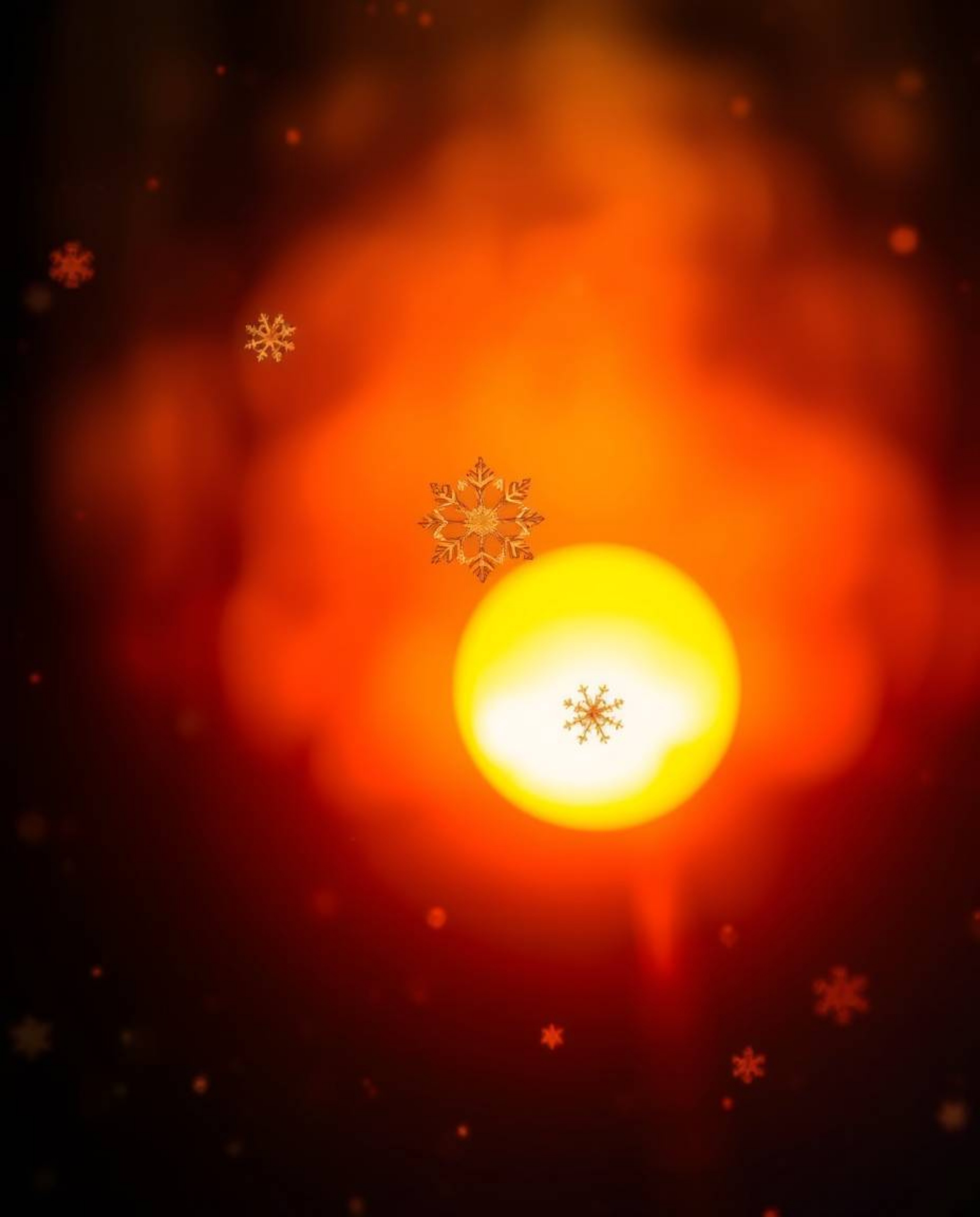 This high-contrast photograph captures adorable and charming snowflakes falling during a vibrant sunset. The scene is defined