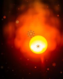 This high-contrast photograph captures adorable and charming snowflakes falling during a vibrant sunset. The scene is defined