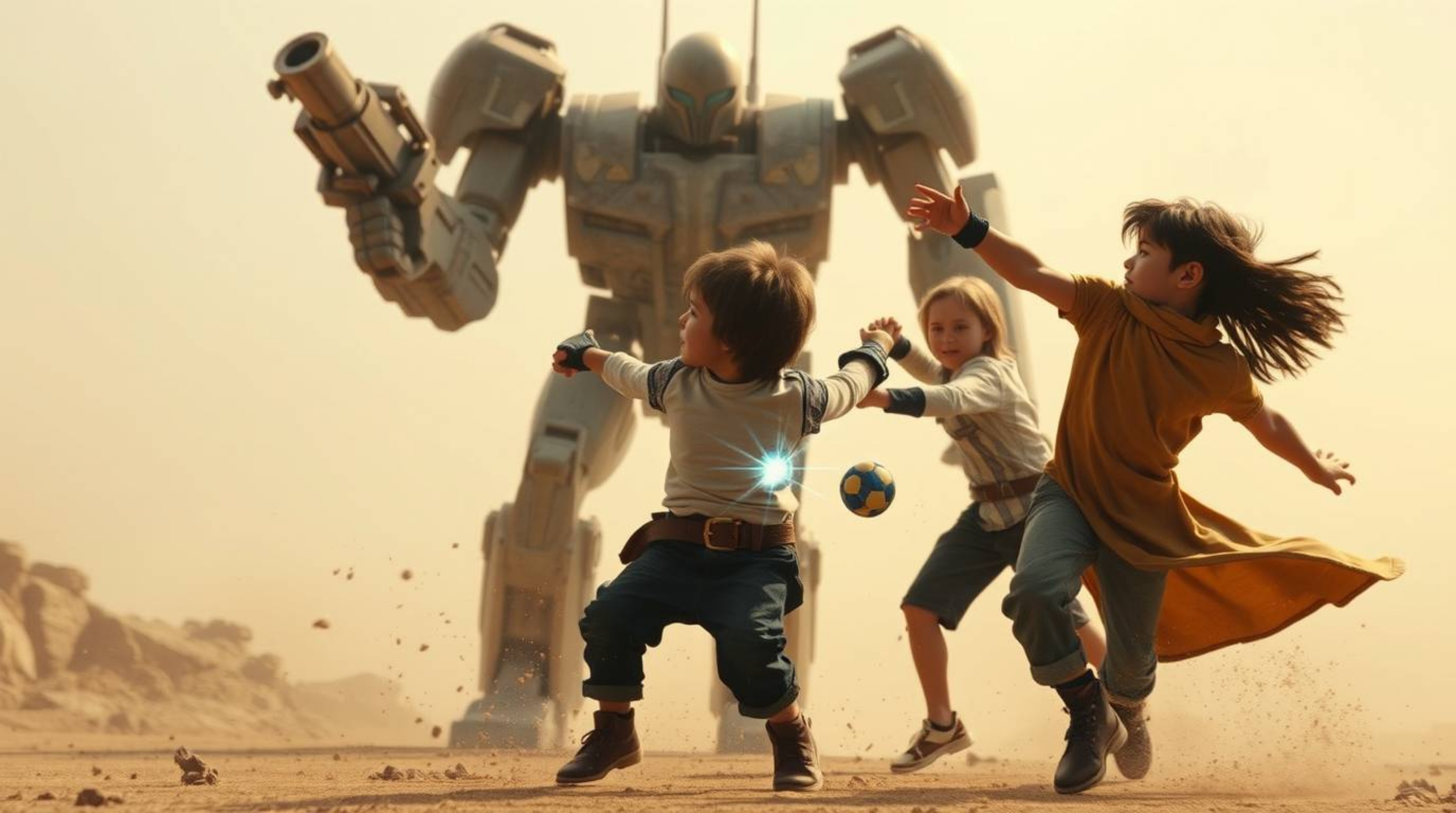 Witness an epic battle between three superpowered children and a formidable robot, all captured in a soft, cinematic haze.  T