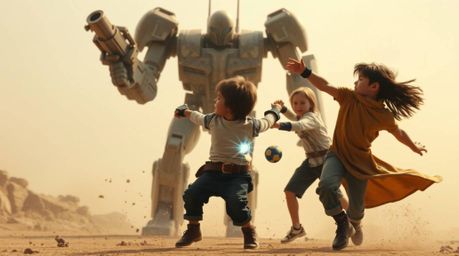 Witness an epic battle between three superpowered children and a formidable robot, all captured in a soft, cinematic haze.  T