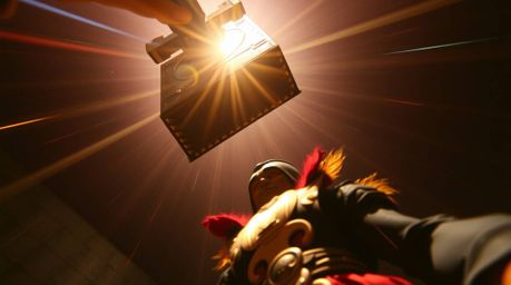 A high-angle perspective photograph showcases an anvil poised to drop on a trickster character, bathed in the light of a brig