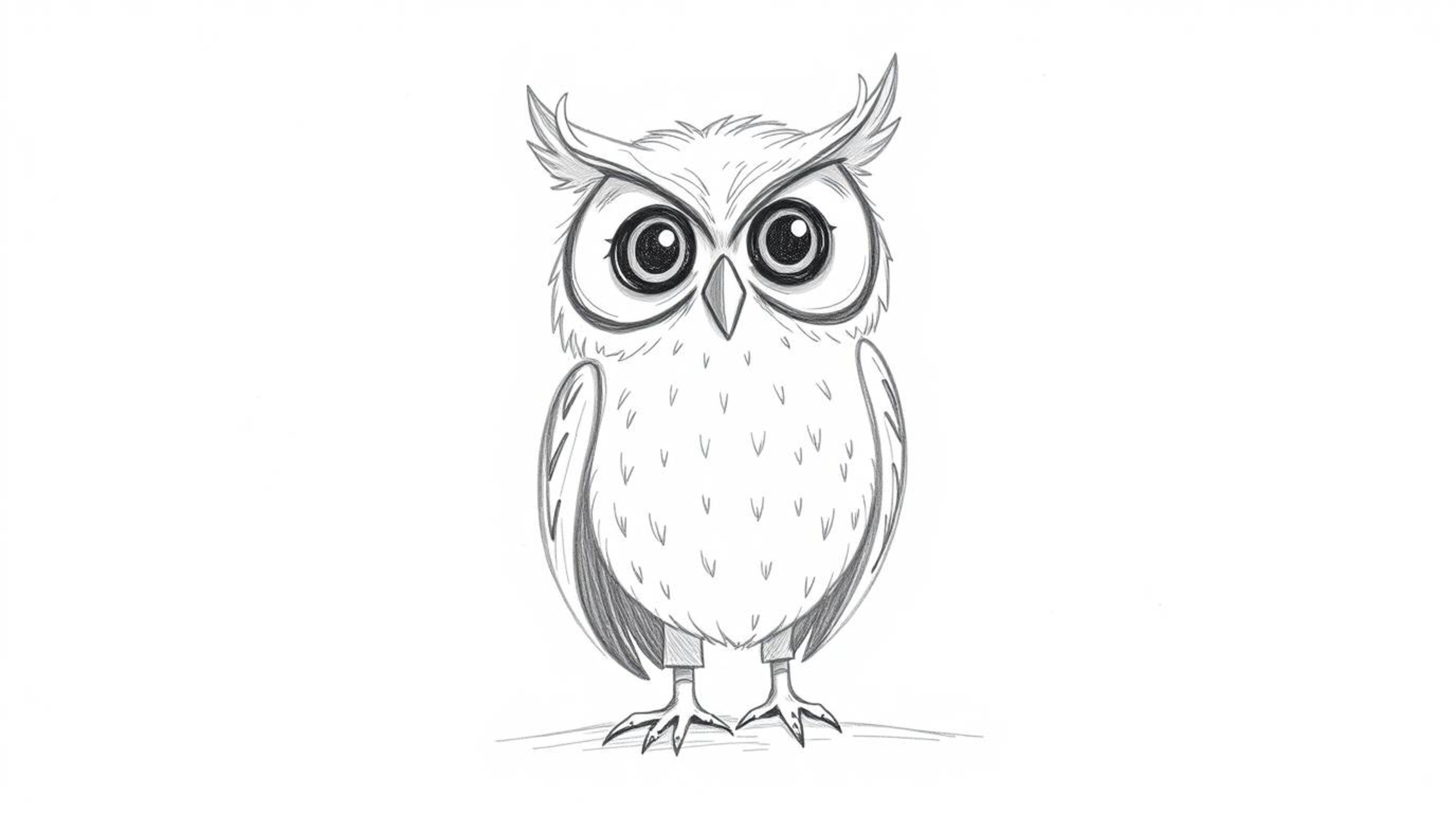 A heartwarming Pixar-style hand-drawn sketch features a blind owl, rendered with soft, textured pencil strokes against a clea