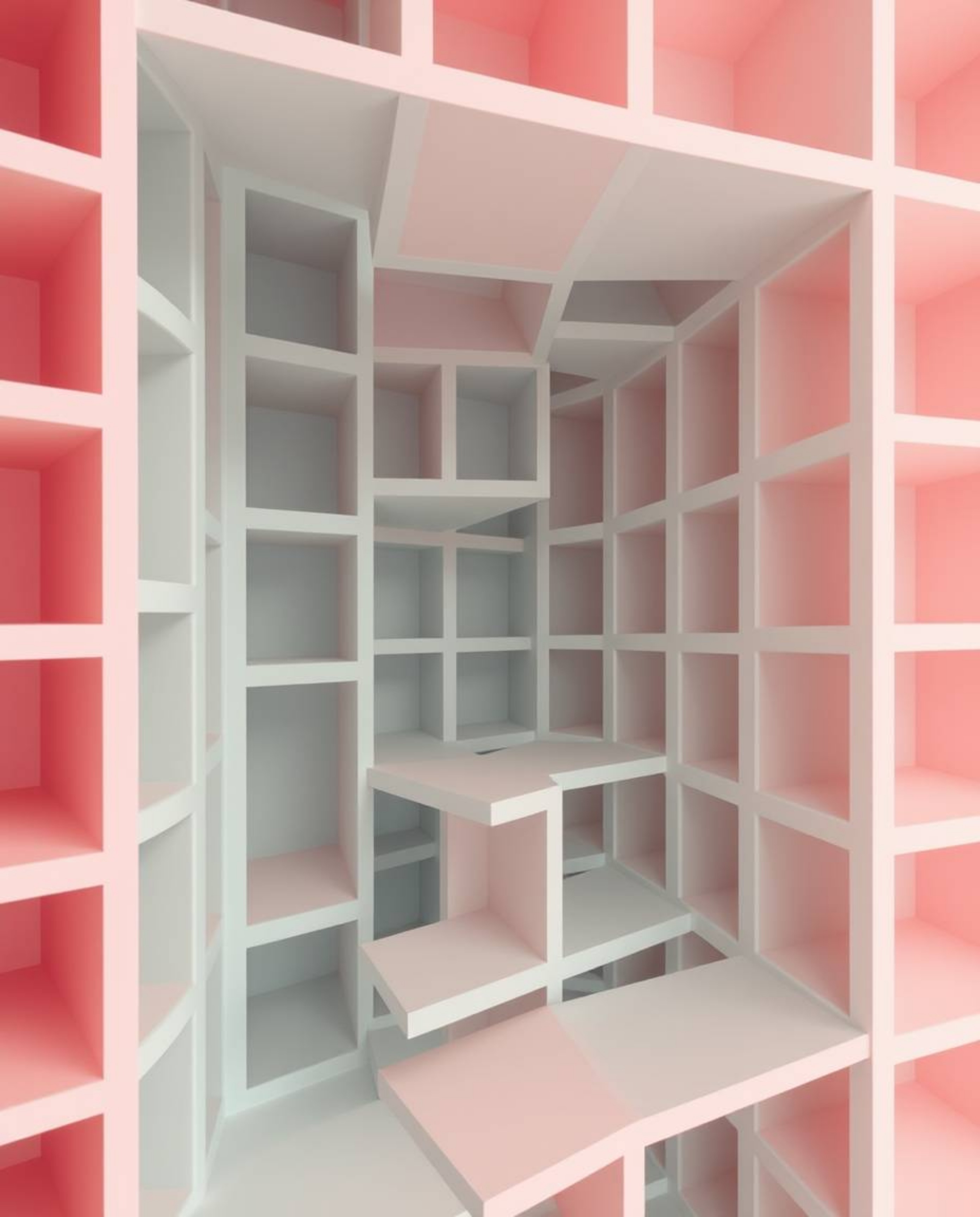Discover stunning architectural photography featuring a repetitive cube pattern in Escher-style impossible geometry.  Soft pa