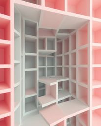 Discover stunning architectural photography featuring a repetitive cube pattern in Escher-style impossible geometry.  Soft pa