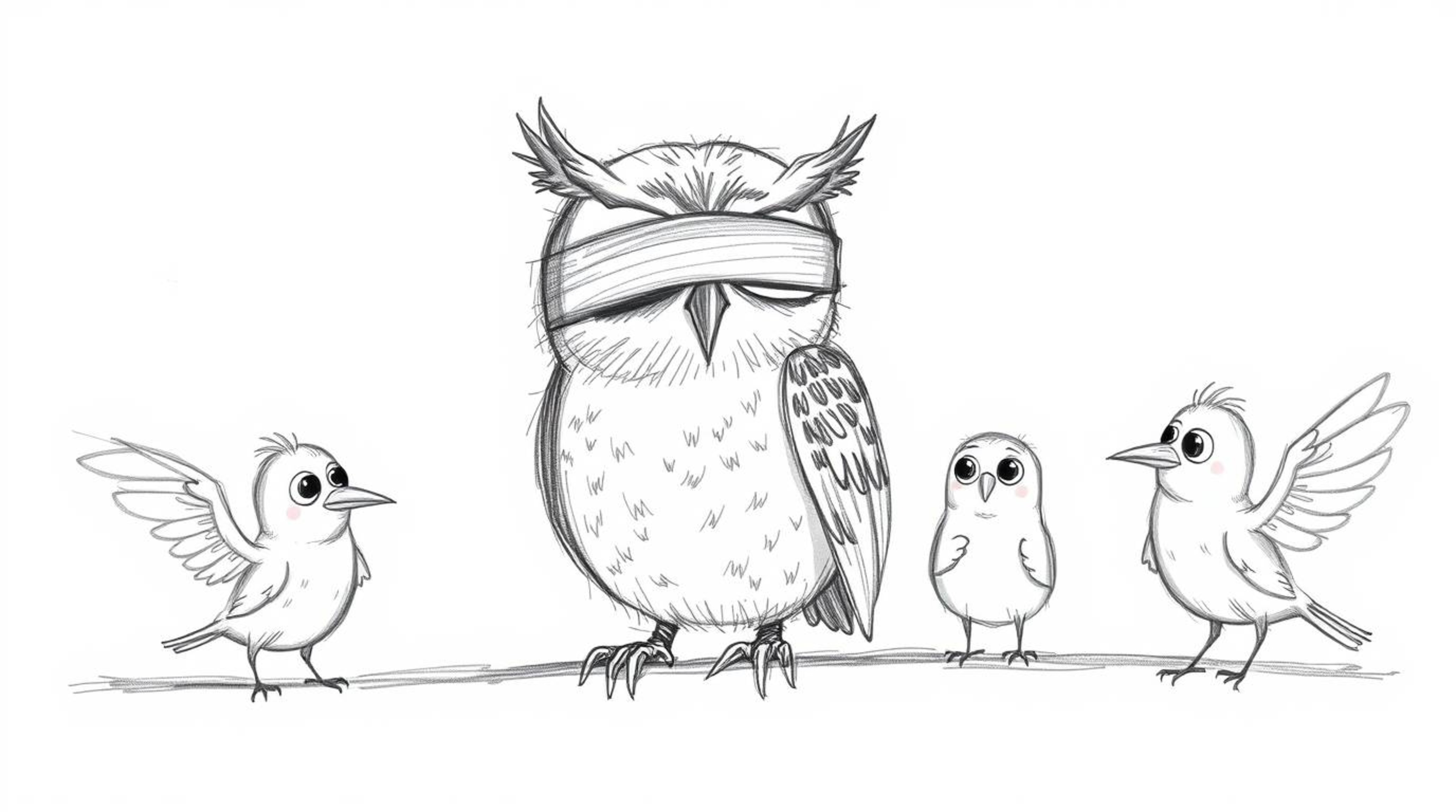 A captivating hand-drawn sketch in a Pixar aesthetic portrays a blind owl with soft, expressive eyes guiding birds who are sk