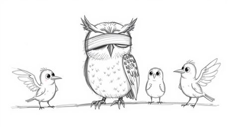 A captivating hand-drawn sketch in a Pixar aesthetic portrays a blind owl with soft, expressive eyes guiding birds who are sk