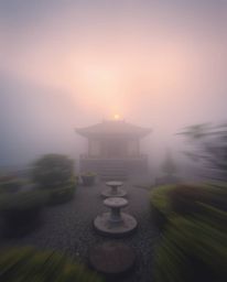 A dynamic motion photograph of a sunset over a serene Zen garden in thick fog: blurred lines, action poses, low visibility, e