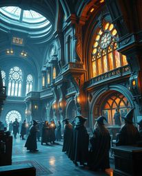 Explore a breathtaking close-up rendering of a futuristic, sci-fi styled magical school, teeming with young wizards and seaml