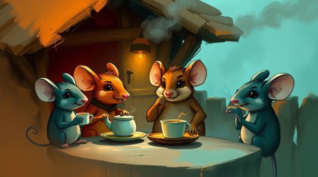 A dynamic digital sketch showcasing anthropomorphic mice with expressive features and individual personalities enjoying tea i