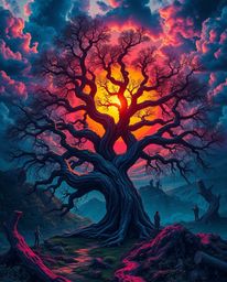 Surreal dreamlike imagery depicts a sunset behind a twisted oak tree in vivid electric colors, featuring fantastical elements