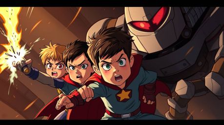 A cinematic illustration depicts three determined superpowered children engaged in an intense battle against a menacing robot