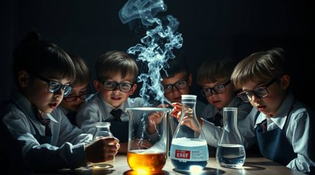 A captivating image depicting a group of quirky children in school uniforms conducting chaotic science experiments.  The high