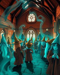 Discover a captivating magical school brimming with young wizards.  The artwork features a warm terracotta and cool teal colo