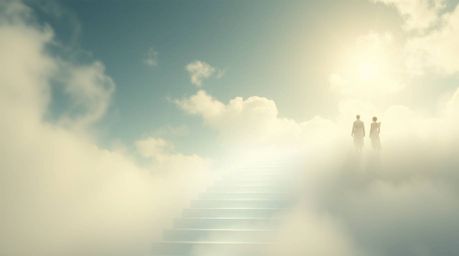 Experience a soft, dreamy cinematic image featuring light steps ascending into a cloudy sky, with angelic figures watching fr