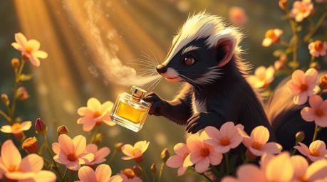 A charming high-angle cartoon rendering depicts a skunk playfully spraying perfume onto delicate flowers, all bathed in warm 